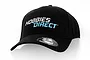 A black Hobbies Direct branded A-frame baseball cap with white and light blue logo embroidery on a white background.