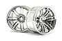 Two chrome-finished HPI Rays Volk Racing RE30 RC car rims shown from different angles against a white background.