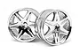 Two HPI Racing chrome-plated six-spoke RC car rims shown from a front-facing angle against a white background.