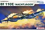 Box art for Dragon 1/48 scale Bf 110E Nachtjager model kit showing a German night fighter aircraft flying through a sunset sky.
