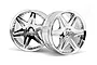 Two chrome-plated RC car rims with a six-spoke design, shown against a plain white background.
