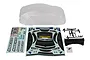 Team Associated 1/10 ST550 clear polycarbonate RC car body shell with included decal sheet, black plastic rear wing, and mounting hardware.