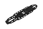 A black 7075 T6 aluminium main chassis plate for an RC car, featuring various cutouts and mounting holes, viewed from an angle against a white background.