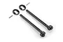 XRAY 6mm front eccentric body post set including two black plastic posts, two eccentric mounts, and two metal pins on a white background.