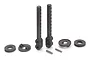 XRAY RC rear body post set including two vertical posts, mounting plates, washers, and metal pins on a white background.