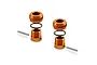 Two sets of orange anodized aluminium adjustable body post stops for RC cars, including threaded collars, O-rings, and metal pins.