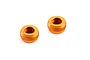 Two orange anodized aluminium adjustable body post stop nuts for RC cars, shown on a white background.