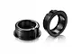 Two black anodized aluminium adjustable ball bearing hubs for RC cars, shown from different angles on a white background.