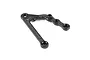 A black XRAY CFF hard front right lower suspension arm for an RC car, featuring a carbon fiber weave pattern and mounting holes.