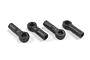 Four black plastic RC rod ends arranged in a row on a white background.