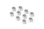 Ten small silver cylindrical aluminium shims or spacers arranged on a white background.