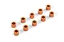 Ten small orange anodized aluminium cylindrical shims or spacers arranged in two rows on a white background.