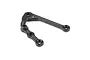 A black carbon fiber RC suspension arm with a visible H marking on a white background.