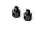 Two black aluminium anti-roll bar bushings for RC cars, featuring a cylindrical shape with a vertical slot and threaded side hole.