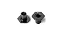 Two black aluminium hexagonal wheel hubs for RC cars, shown from different angles against a white background.