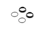 Two black aluminium adjustable shock body collars and two black rubber O-rings for RC car suspension.