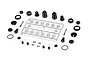 A set of unassembled black aluminium RC shock absorber components and plastic parts on a white background.