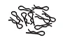 A pile of ten small black metal R-clips for RC car bodies on a white background.