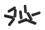A collection of nine black metal grub screws with fine threading scattered on a white background.