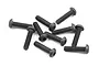 A pile of ten black metal button head screws with fine threads, suitable for RC car assembly.