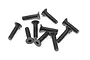 A collection of ten black metal countersunk hex head screws scattered on a white background.