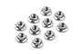 A top-down view of ten silver-coloured flanged serrated nuts arranged on a plain white background.