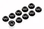 A set of ten black aluminium flanged serrated nuts for RC cars arranged on a white background.
