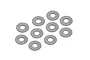 A collection of ten small, flat, silver-coloured metal washers arranged on a plain white background.