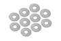 A collection of ten identical thin, circular metal washers arranged in a cluster against a white background.