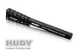 A black Hudy Quick Downstop Gauge tool for RC cars, featuring laser-etched measurement markings from 1mm to 6.5mm on a white reflective surface.