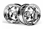 Two chrome-finished HPI Work Meister S1 RC car wheels positioned side-by-side against a white background.