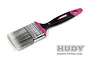 A Hudy branded cleaning brush with a black and pink handle and synthetic bristles against a white background.