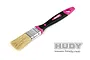 A Hudy branded small cleaning brush with a black and pink handle and light-coloured bristles against a white background.