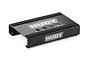 A black Hudy aluminium RC car stand with rubber grip strips and Hudy branding, viewed from a high angle on a white background.