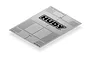 A grey Hudy set-up board decal with black markings, measurements, and the Hudy logo, shown at an angle.