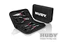 A set of four Hudy micro pliers with pink and black handles, organized inside a black zippered carry case with the Hudy logo.