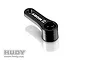 A black Hudy aluminium 23T offset servo horn shown from a high angle against a white background.