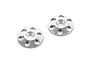 Two silver aluminium rear wing shims with a circular design and multiple holes, isolated on a white background.
