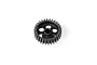 A black hard-coated aluminium pinion gear with a lightweight design featuring cutouts, viewed from an angle against a white background.