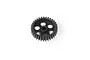 A black lightweight pinion gear with circular cutouts on a white background.