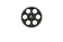 A dark grey, lightweight RC pinion gear with six circular cutouts and a central shaft hole, viewed from the front against a white background.