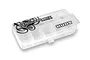 A clear plastic Hudy hardware storage box with ten internal compartments, featuring black branding and decorative graphics on the lid.