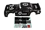 Team Associated 1/10 Apex 2 Hoonicorn pre-painted black body shell with decals sheet on a white background.