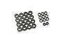 A collection of various sized metal ball bearings with black rubber seals arranged on a white background.