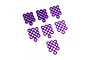 A collection of purple anodized aluminium flat washers arranged in small clusters against a white background.