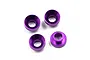 Four purple anodized aluminium servo washers arranged on a white background.