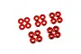 A set of twenty small, round, red anodized aluminium washers arranged in five groups of four on a white background.
