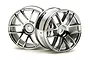 Two HPI Racing 1.9-inch chrome split-six spoke RC car rims positioned against a white background.