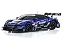 A studio shot of a Kyosho Mini-Z Raybrig NSX Concept-GT RC car body shell in blue and black with racing decals on a white background.