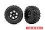 Two Traxxas Sledgehammer belted RC monster truck tires mounted on black multi-spoke wheels against a white background.